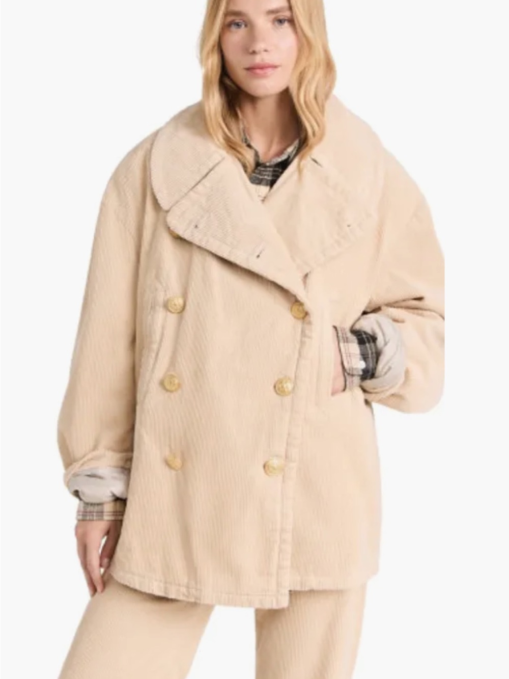 Relaxed Cream Double-Breasted Corduroy Pea Coat